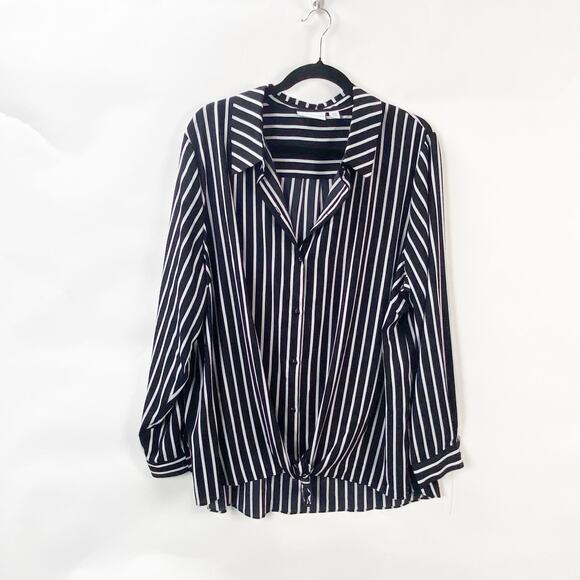 QVC Susan Graver 20W Womens Black/White Striped Collared Button-Up Shirt - Picture 1 of 8